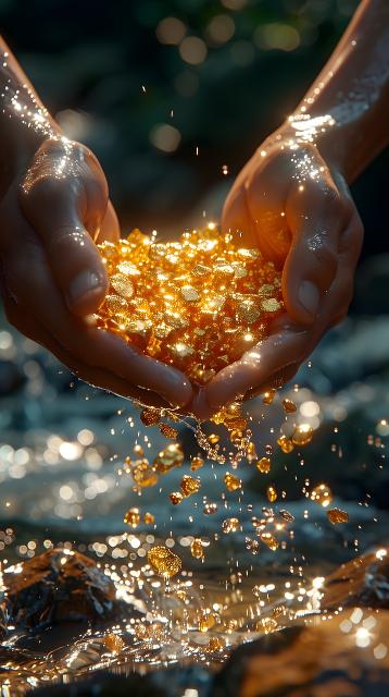 Zwei Hände, die Gold in der Hand halten, im Hintergrund ein Fluss. 