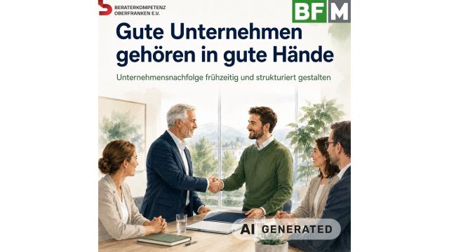 Das Werbebanner zur Unternehmensnachfolge mit dem Slogan „Gute Unternehmen gehören in gute Hände“ zeigt einen älteren und einen jüngeren Geschäftsmann, die sich an einem Konferenztisch lächelnd die Hände schütteln, während drei sitzende Personen zusehen. Am oberen Bildrand befinden sich die Logos von „Beraterkompetenz Oberfranken e.V.“ und „BFM“. 