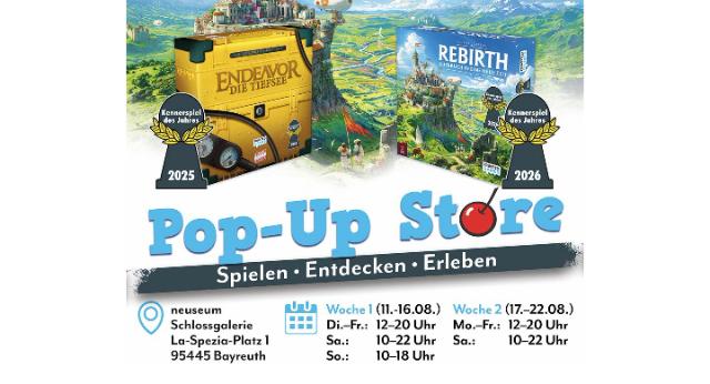 Zwei Spieleverpackungen vom Brettspieleverlag Frosted Games, darunter der Schriftzug "Pop-Up Store" sowie die Adresse und Öffnungszeiten