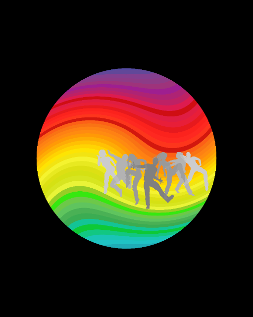 Regenbogenfarbene Kugel mit grauen Silhouetten.